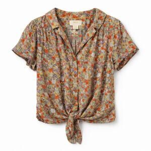 Maeve Anthropology Romantic Citrus Lemon Tie-Front Cropped Top Liberty Print